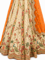 Cream Readymade Embroidery, Cut Work Border, Weaving Butti, Art Mirror Work Silk Lehengas