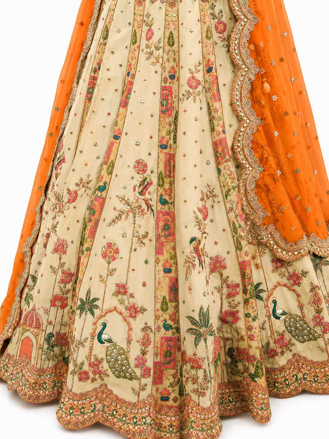 Cream Readymade Embroidery, Cut Work Border, Weaving Butti, Art Mirror Work Silk Lehengas