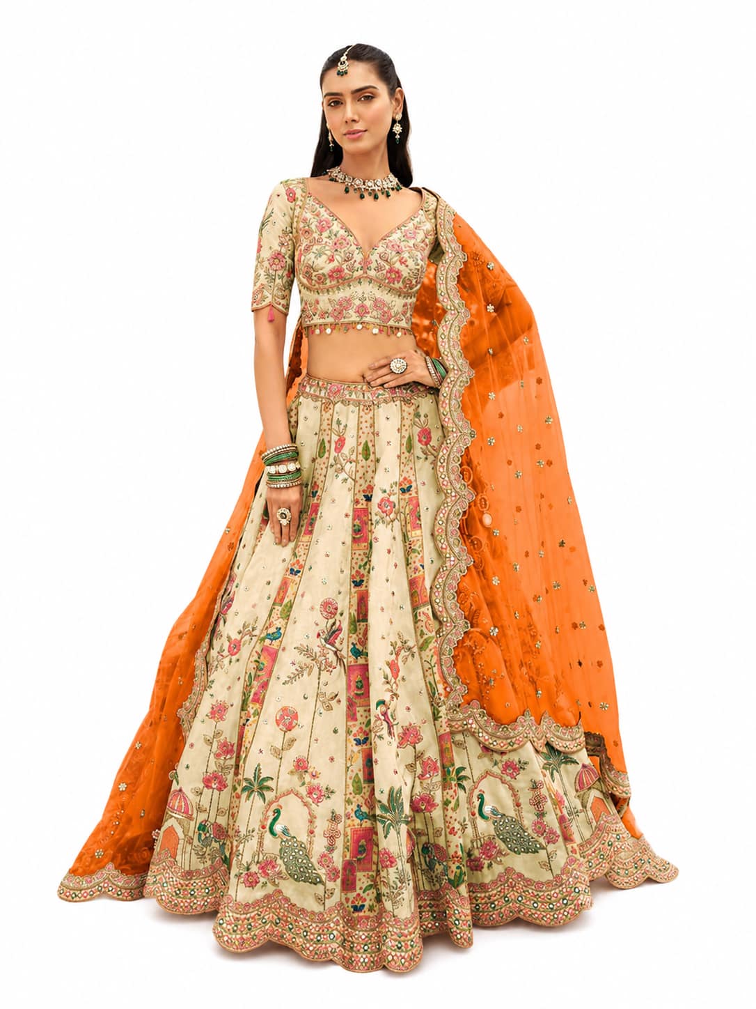 Cream Readymade Embroidery, Cut Work Border, Weaving Butti, Art Mirror Work Silk Lehengas