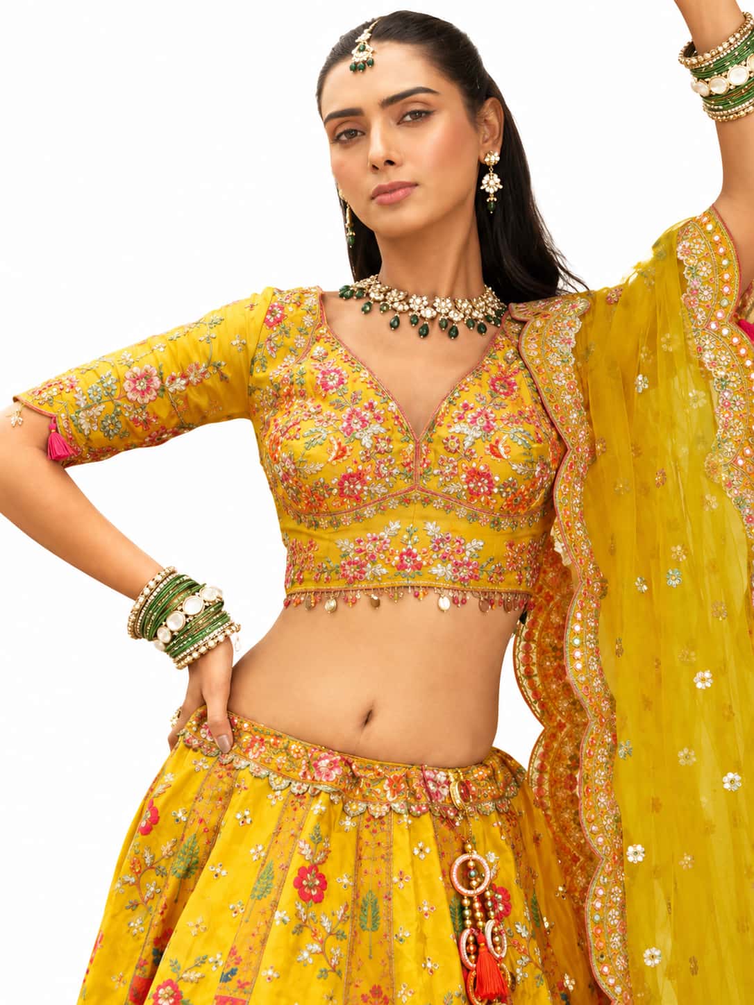 Yellow Readymade Embroidery, Cut Work Border, Weaving Butti, Art Mirror Work Silk Lehengas
