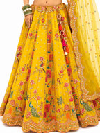Yellow Readymade Embroidery, Cut Work Border, Weaving Butti, Art Mirror Work Silk Lehengas