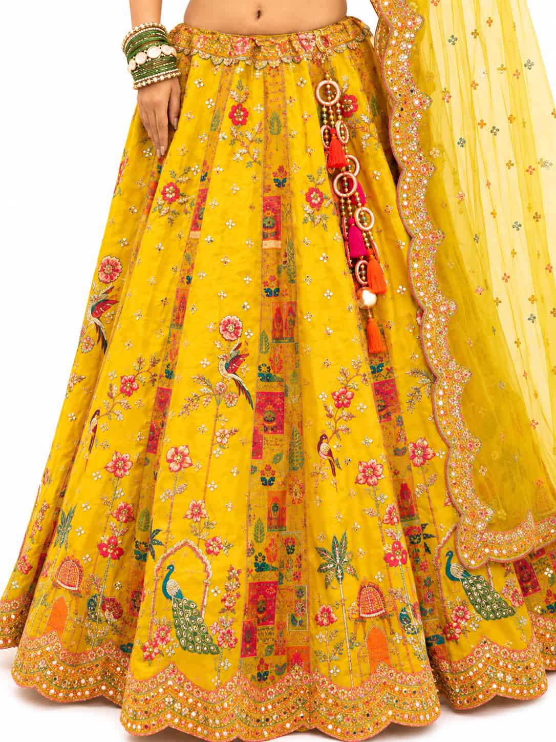 Yellow Readymade Embroidery, Cut Work Border, Weaving Butti, Art Mirror Work Silk Lehengas