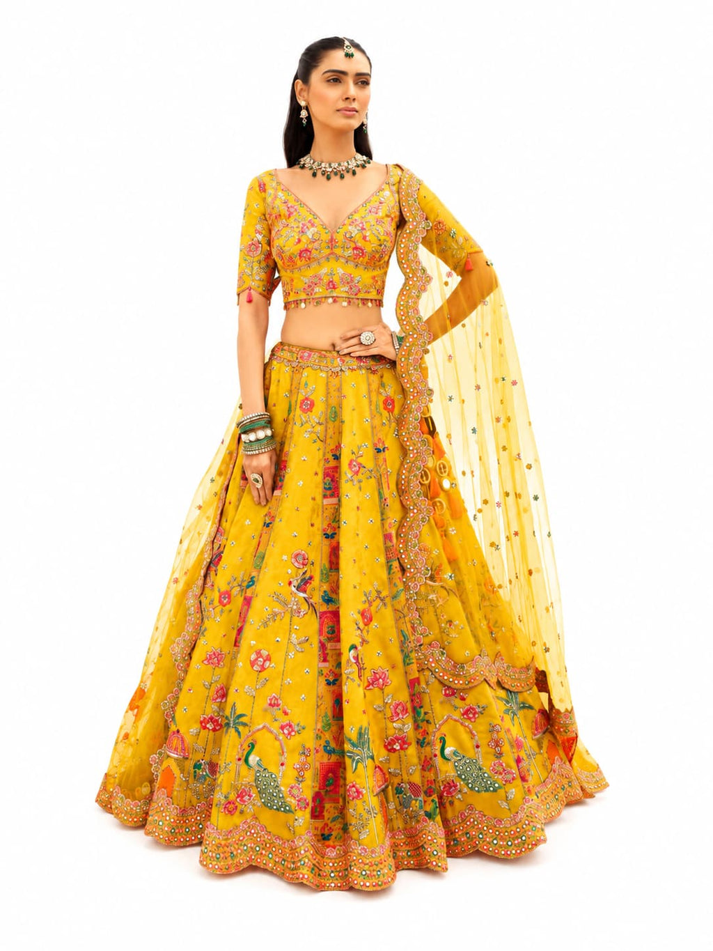 Yellow Readymade Embroidery, Cut Work Border, Weaving Butti, Art Mirror Work Silk Lehengas