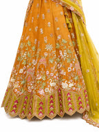Mustard Readymade Embroidery, Cut Work Border, Weaving Butti, Art Mirror Work Silk Lehengas