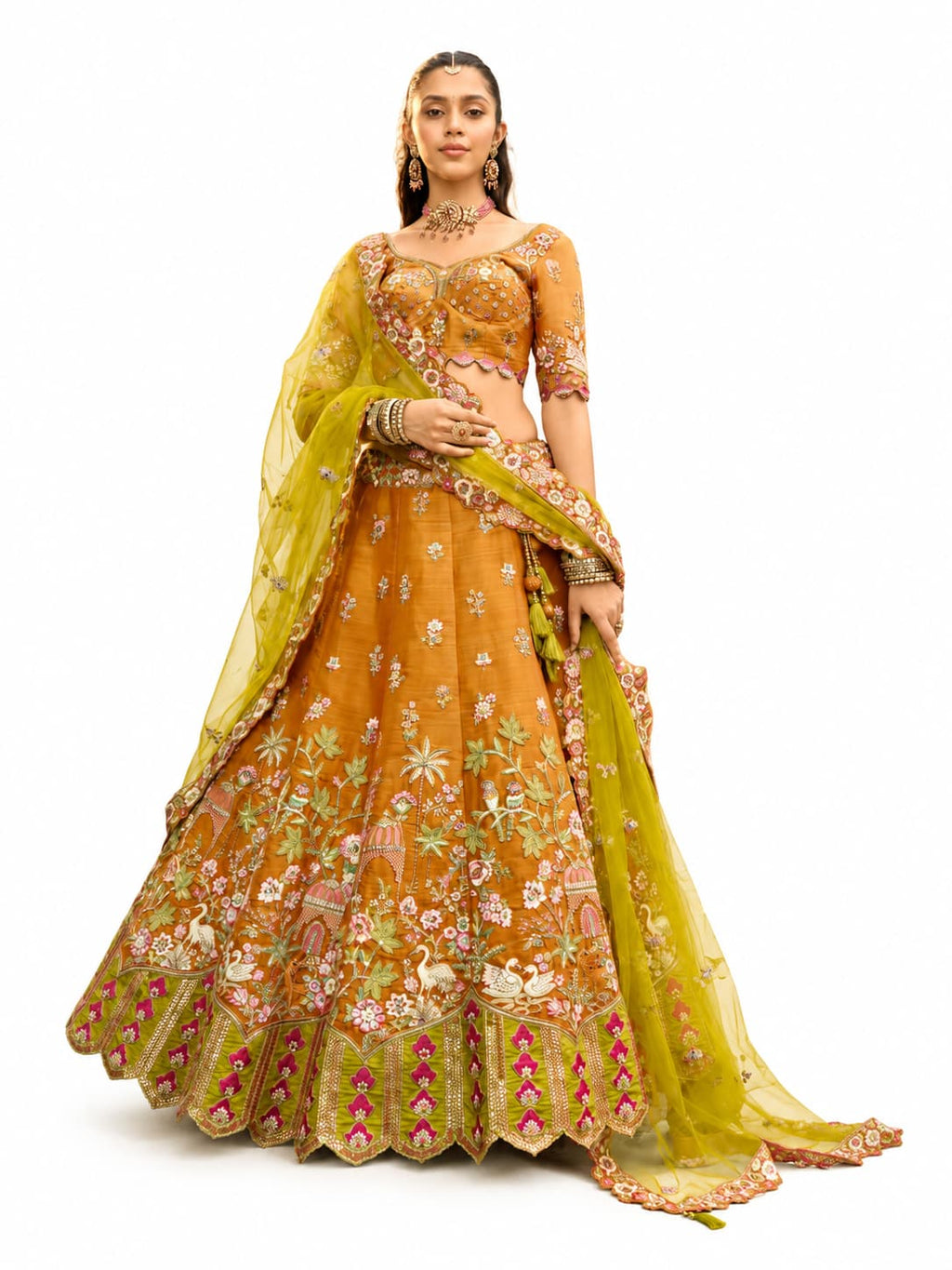 Mustard Readymade Embroidery, Cut Work Border, Weaving Butti, Art Mirror Work Silk Lehengas