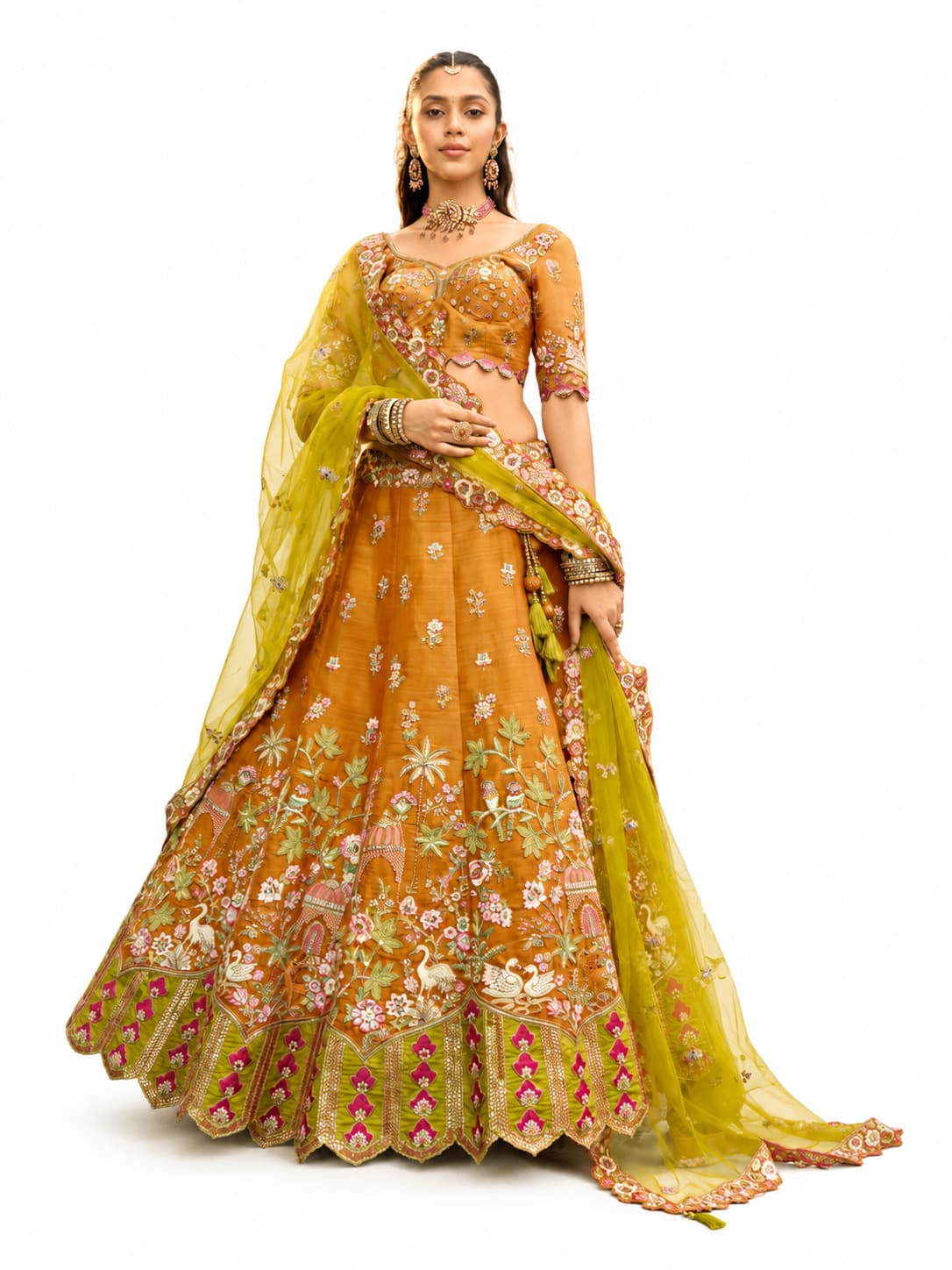 Mustard Readymade Embroidery, Cut Work Border, Weaving Butti, Art Mirror Work Silk Lehengas