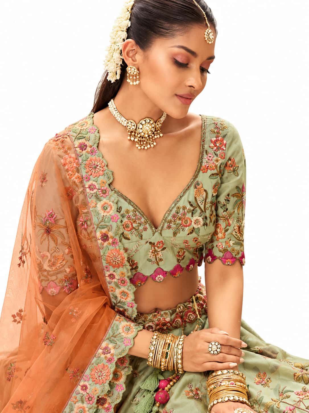 Sage Green Readymade Embroidery, Cut Work Border, Weaving Butti, Art Mirror Work Silk Lehengas
