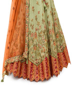 Sage Green Readymade Embroidery, Cut Work Border, Weaving Butti, Art Mirror Work Silk Lehengas