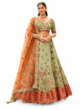 Sage Green Readymade Embroidery, Cut Work Border, Weaving Butti, Art Mirror Work Silk Lehengas