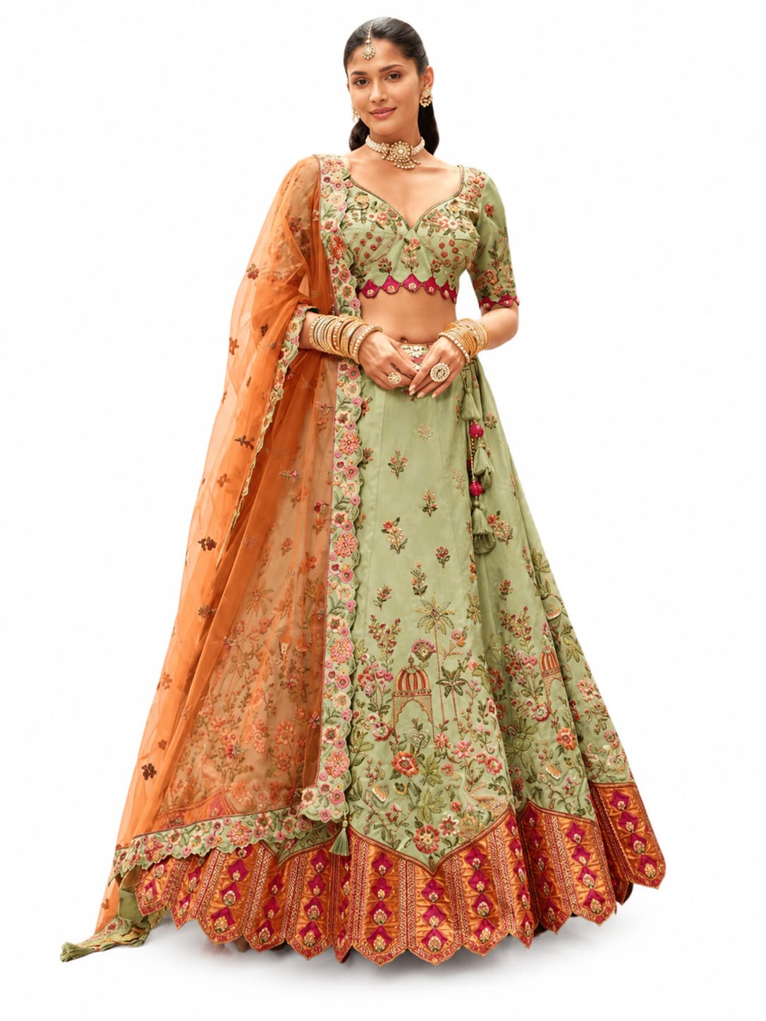 Sage Green Readymade Embroidery, Cut Work Border, Weaving Butti, Art Mirror Work Silk Lehengas
