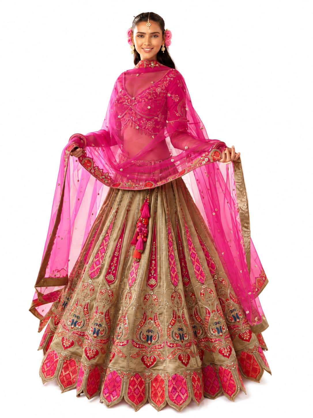 Gold Readymade Embroidery, Cut Work Border, Weaving Butti, Art Mirror Work Silk Lehengas
