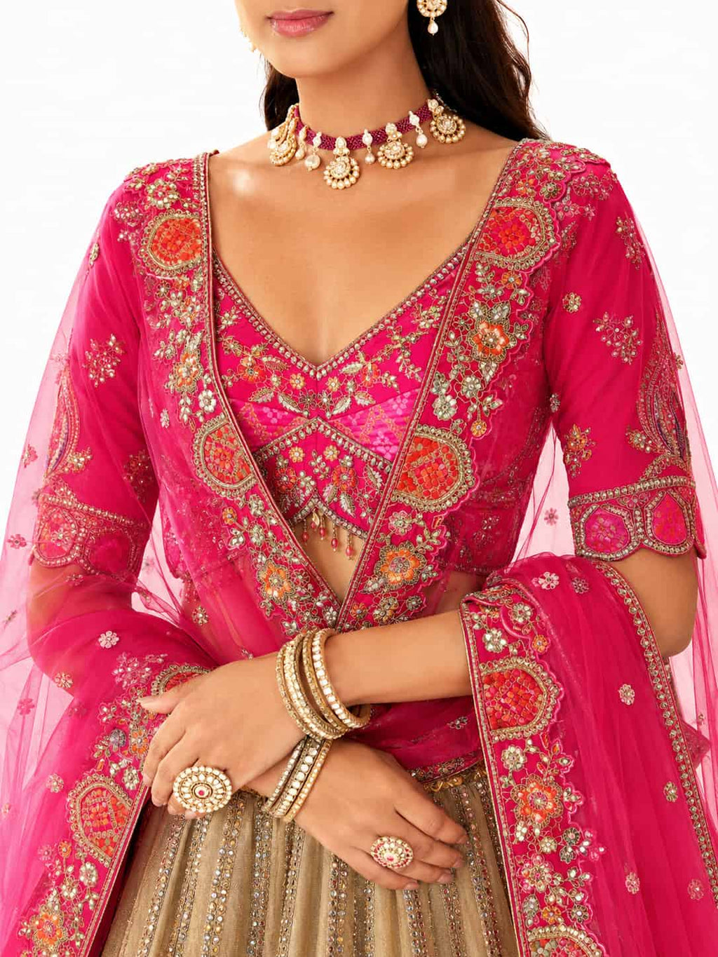 Gold Readymade Embroidery, Cut Work Border, Weaving Butti, Art Mirror Work Silk Lehengas