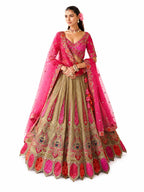 Gold Readymade Embroidery, Cut Work Border, Weaving Butti, Art Mirror Work Silk Lehengas