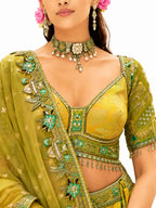 Yellow And Green Readymade Embroidery, Cut Work Border, Weaving Butti, Art Mirror Work Silk Lehengas