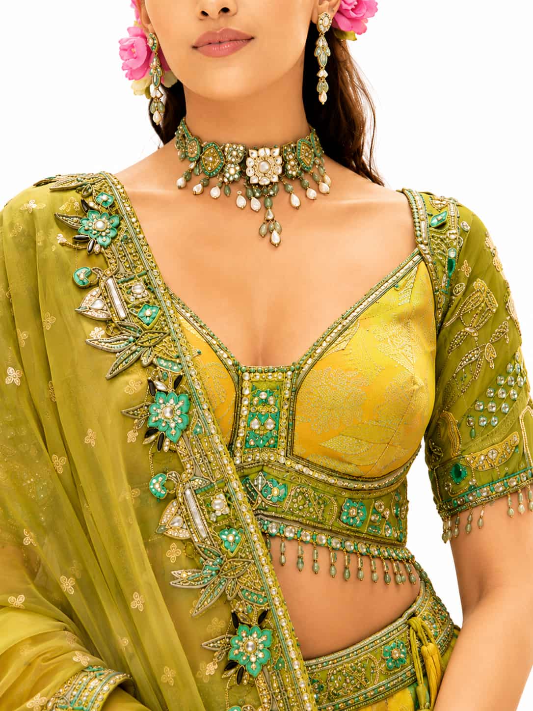 Yellow And Green Readymade Embroidery, Cut Work Border, Weaving Butti, Art Mirror Work Silk Lehengas