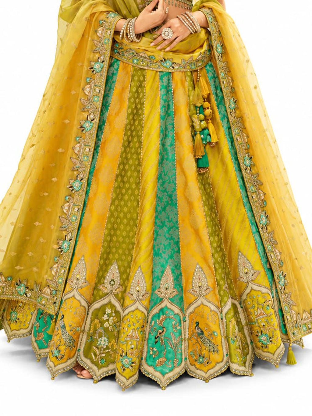 Yellow And Green Readymade Embroidery, Cut Work Border, Weaving Butti, Art Mirror Work Silk Lehengas