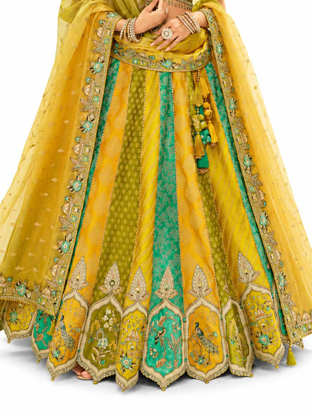 Yellow And Green Readymade Embroidery, Cut Work Border, Weaving Butti, Art Mirror Work Silk Lehengas