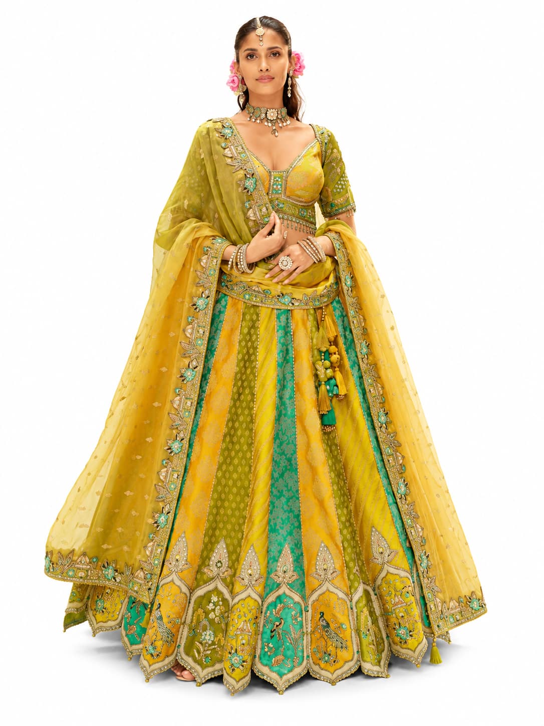 Yellow And Green Readymade Embroidery, Cut Work Border, Weaving Butti, Art Mirror Work Silk Lehengas