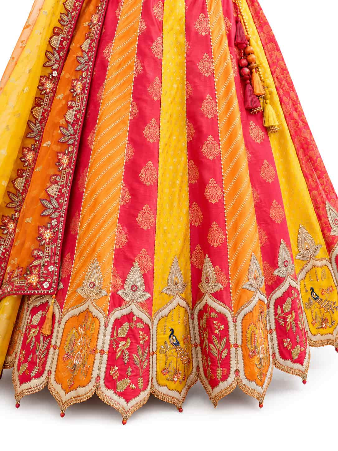 Multi-color Readymade Embroidery, Cut Work Border, Weaving Butti, Art Mirror Work Silk Lehengas