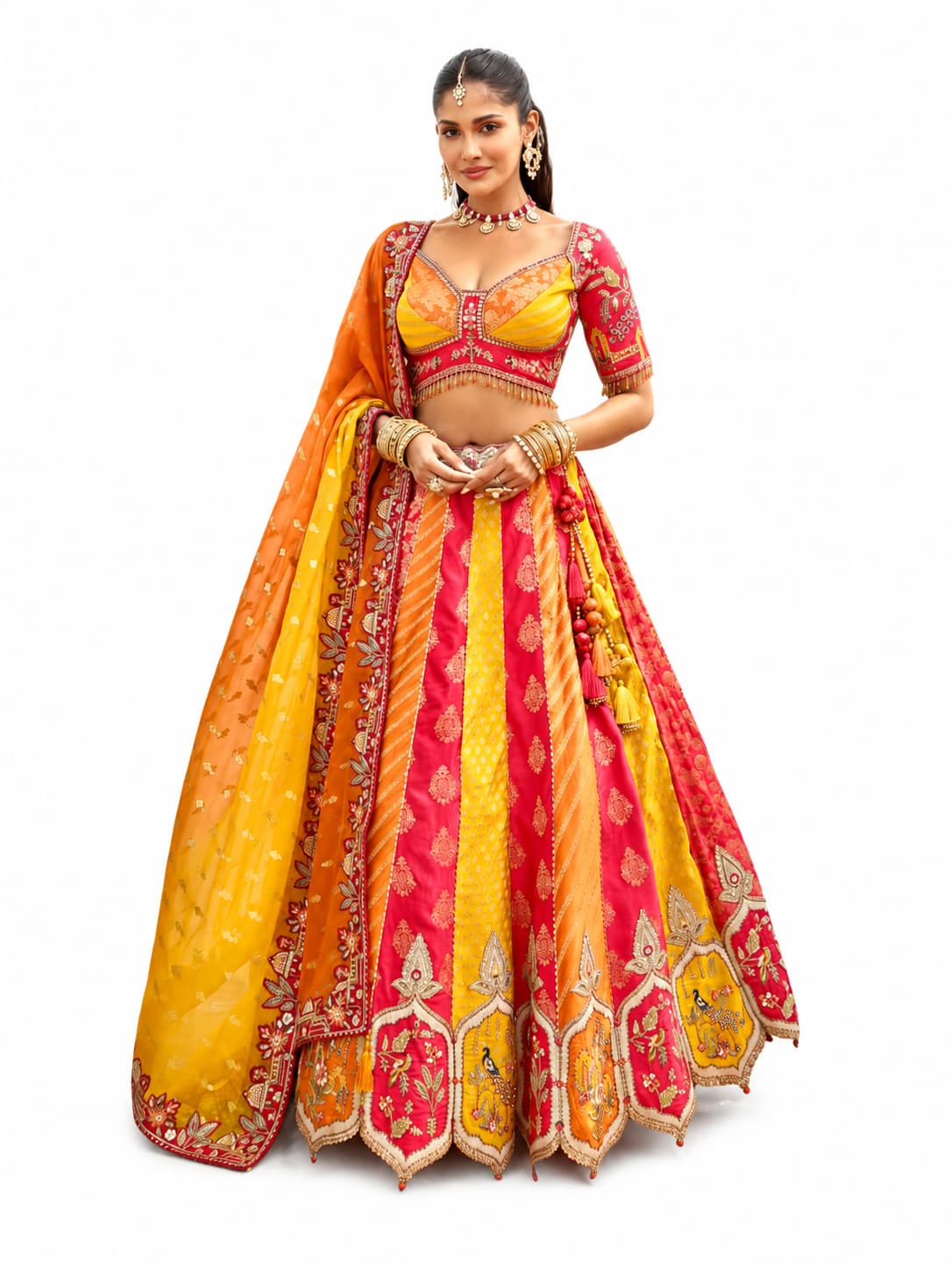 Multi-color Readymade Embroidery, Cut Work Border, Weaving Butti, Art Mirror Work Silk Lehengas