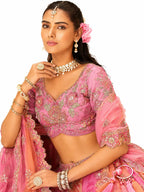 Pink Readymade Embroidery, Cut Work Border, Weaving Butti, Art Mirror Work Silk Lehengas