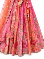 Pink Readymade Embroidery, Cut Work Border, Weaving Butti, Art Mirror Work Silk Lehengas