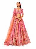 Pink Readymade Embroidery, Cut Work Border, Weaving Butti, Art Mirror Work Silk Lehengas
