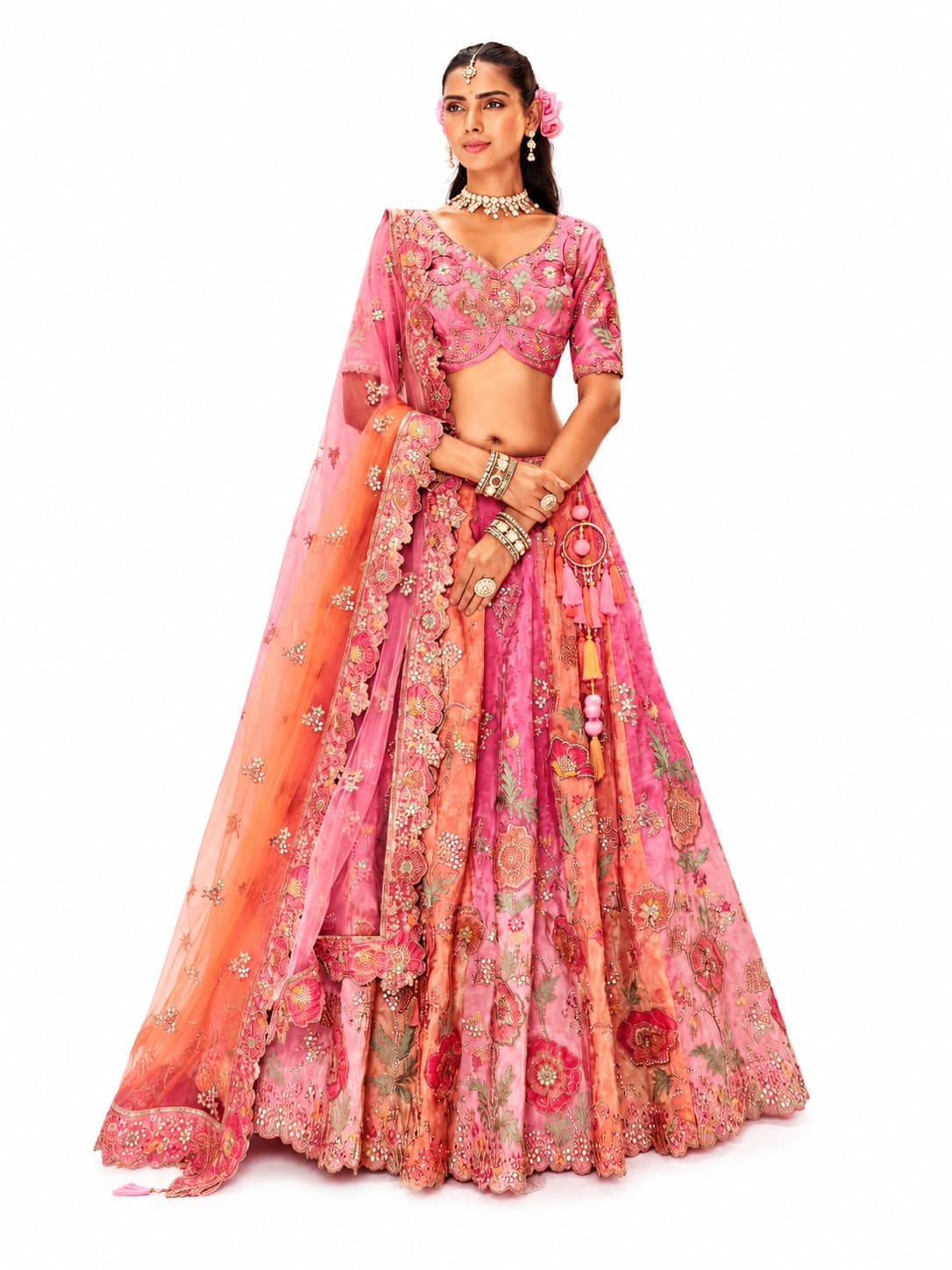 Pink Readymade Embroidery, Cut Work Border, Weaving Butti, Art Mirror Work Silk Lehengas