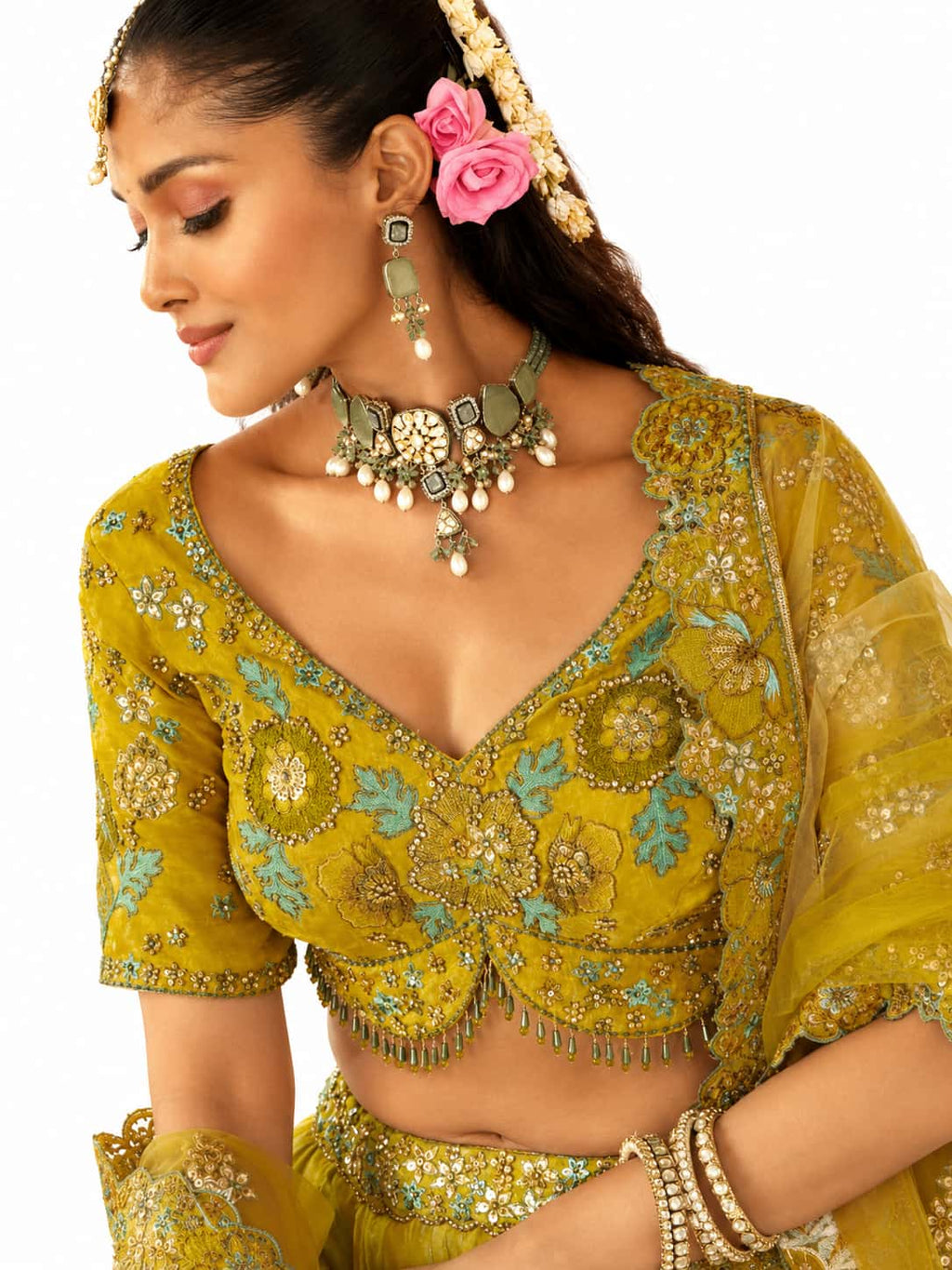 Lime Green Readymade Embroidery, Cut Work Border, Weaving Butti, Art Mirror Work Silk Lehengas
