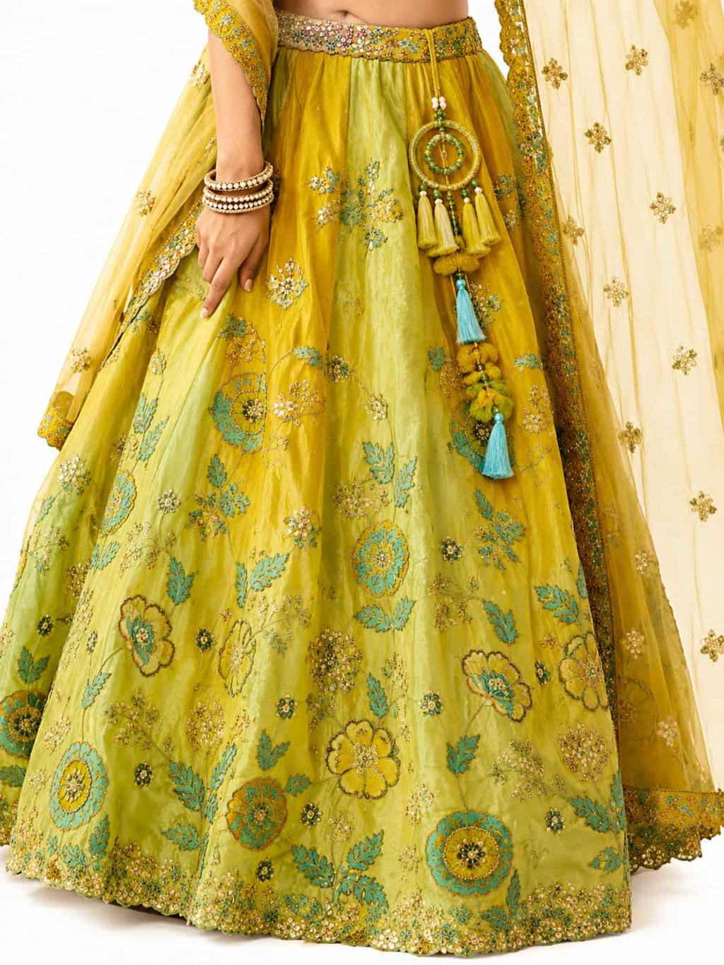 Lime Green Readymade Embroidery, Cut Work Border, Weaving Butti, Art Mirror Work Silk Lehengas