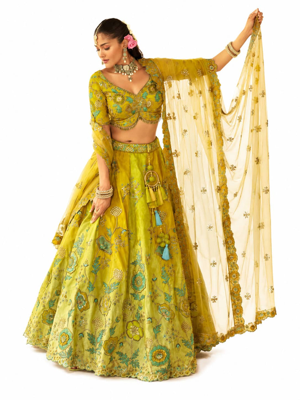 Lime Green Readymade Embroidery, Cut Work Border, Weaving Butti, Art Mirror Work Silk Lehengas