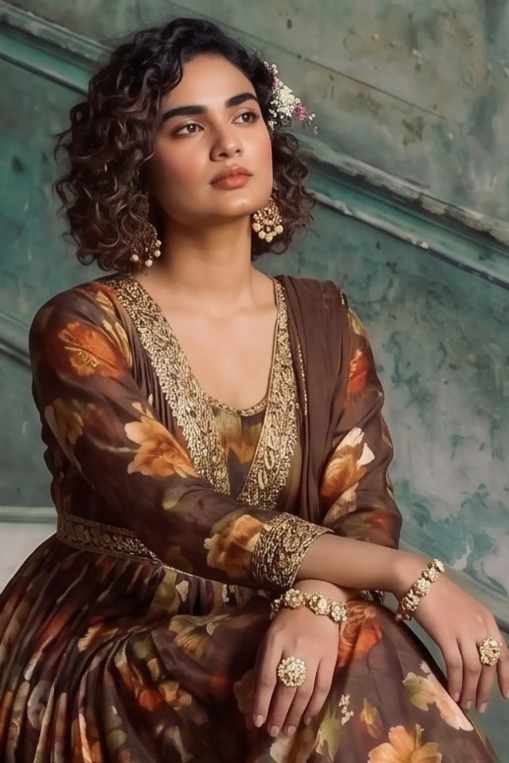 Coffee Brown Floral Embroidered Real Chinon Silk Anarkali Suit Set - View 2