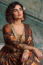 Coffee Brown Floral Embroidered Real Chinon Silk Anarkali Suit Set - View 2