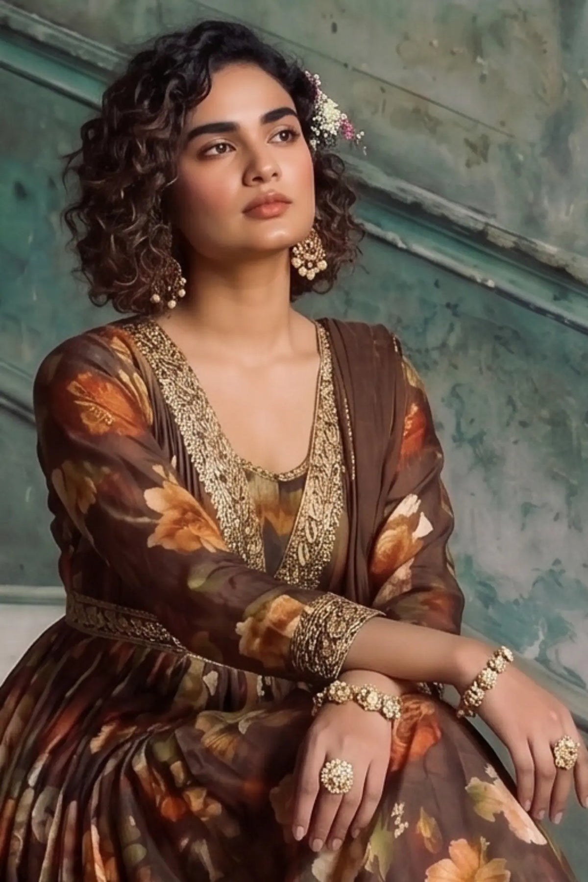 Coffee Brown Floral Embroidered Real Chinon Silk Anarkali Suit Set - View 2