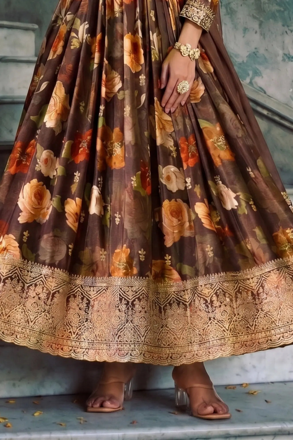 Coffee Brown Floral Embroidered Real Chinon Silk Anarkali Suit Set - View 3