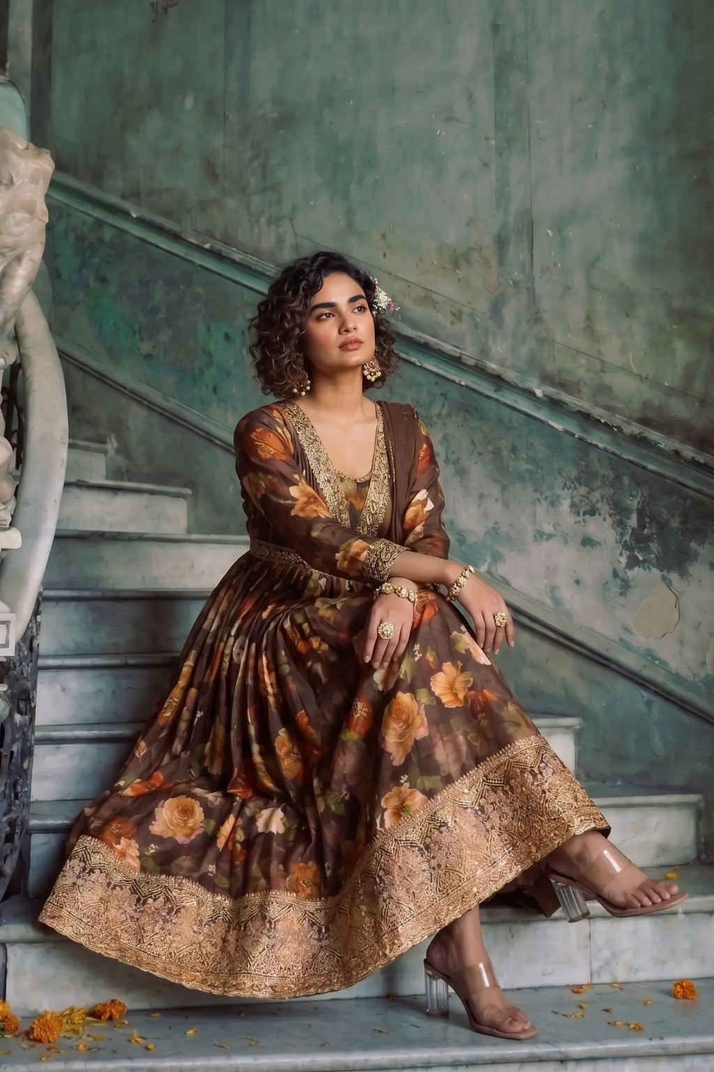 Coffee Brown Floral Embroidered Real Chinon Silk Anarkali Suit Set - View 4