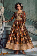 Coffee Brown Floral Embroidered Real Chinon Silk Anarkali Suit Set