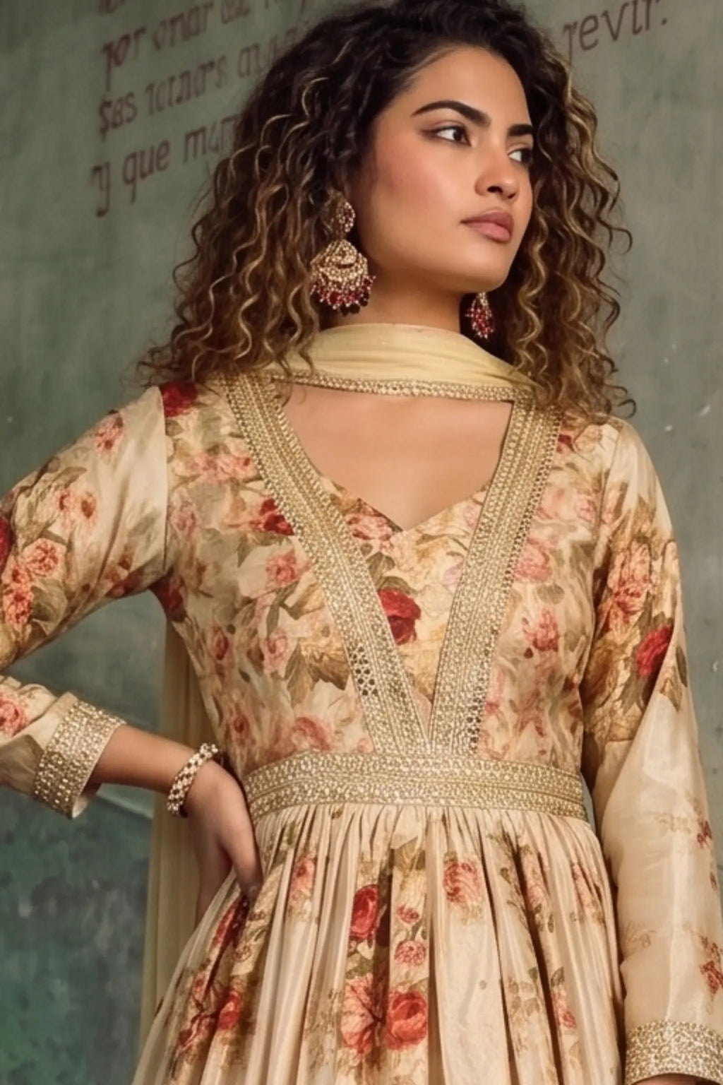Cream Floral Embroidered Real Chinon Silk Anarkali Suit Set - View 2