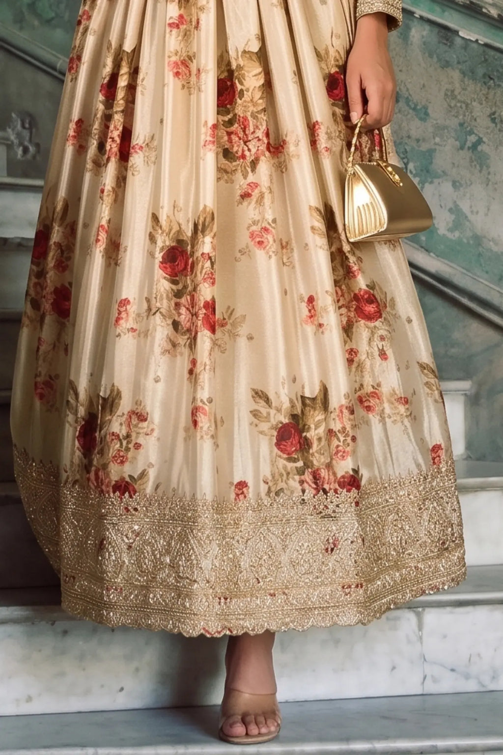 Cream Floral Embroidered Real Chinon Silk Anarkali Suit Set - View 3