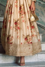 Cream Floral Embroidered Real Chinon Silk Anarkali Suit Set - View 3