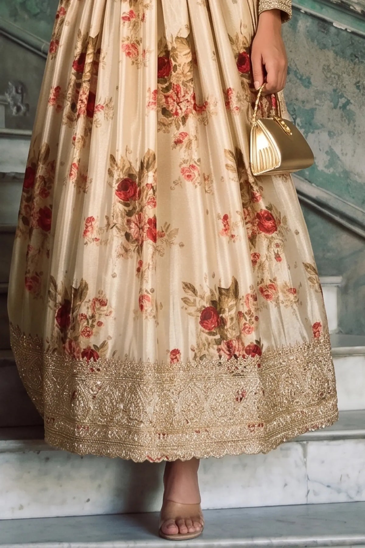 Cream Floral Embroidered Real Chinon Silk Anarkali Suit Set - View 3
