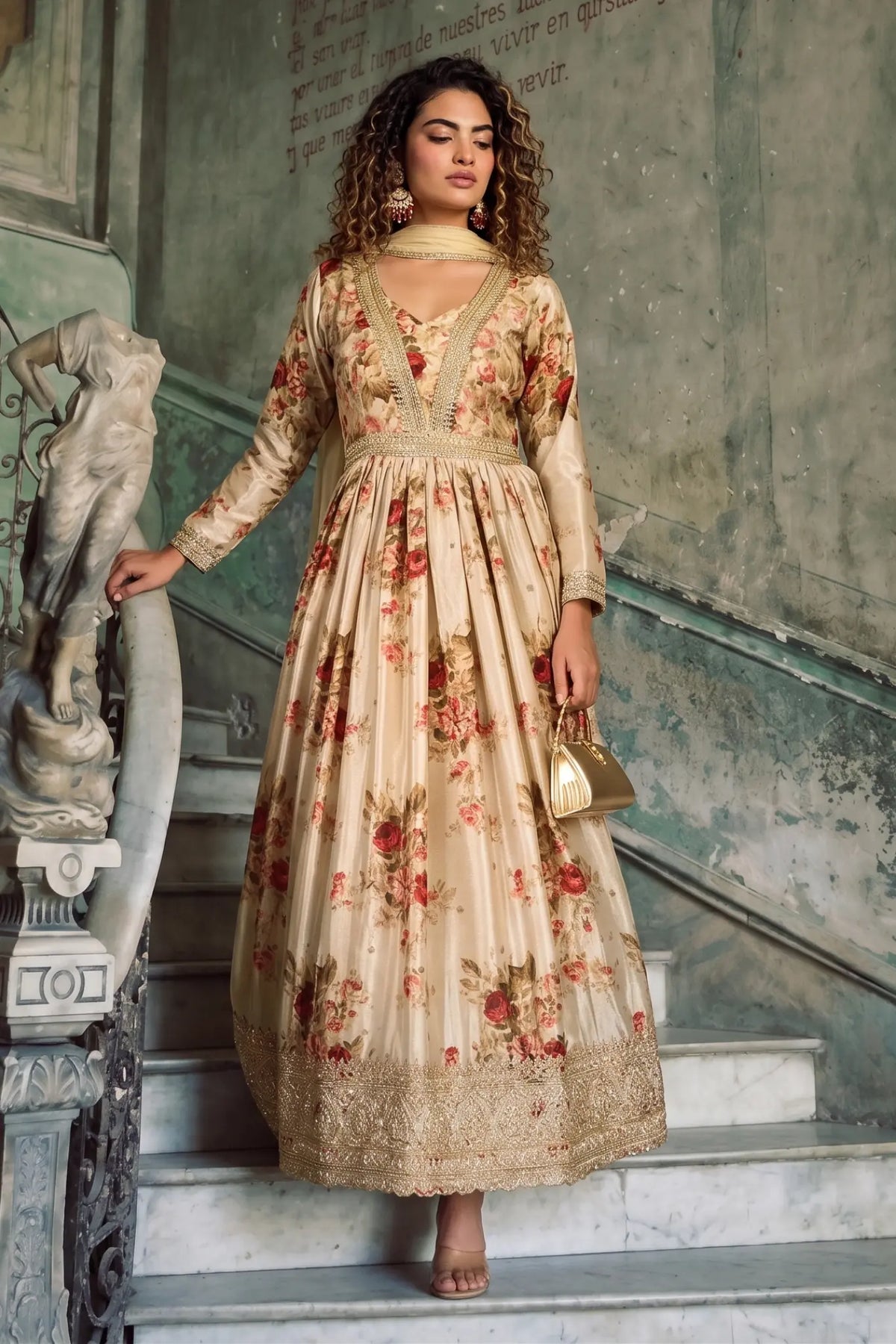 Cream Floral Embroidered Real Chinon Silk Anarkali Suit Set - View 4