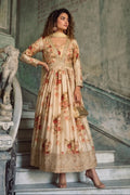 Cream Floral Embroidered Real Chinon Silk Anarkali Suit Set