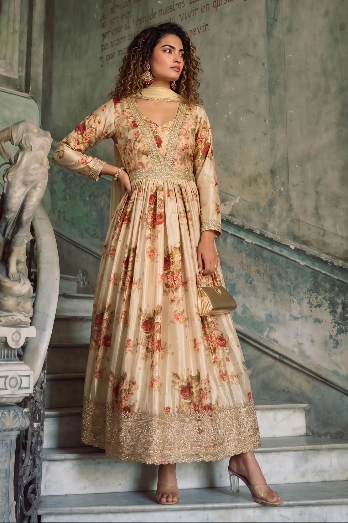 Cream Floral Embroidered Real Chinon Silk Anarkali Suit Set - View 1