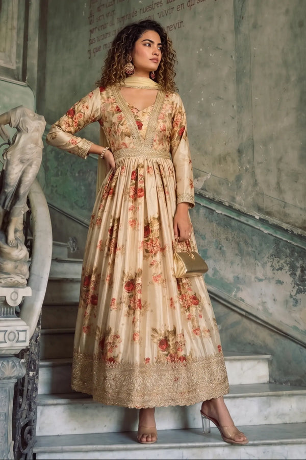 Cream Floral Embroidered Real Chinon Silk Anarkali Suit Set - View 1
