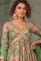 Sage Green Floral Embroidered Real Chinon Silk Anarkali Suit Set - View 2