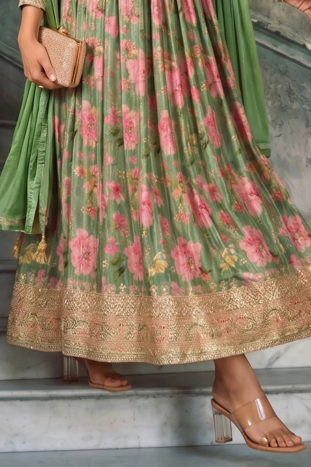 Sage Green Floral Embroidered Real Chinon Silk Anarkali Suit Set - View 3
