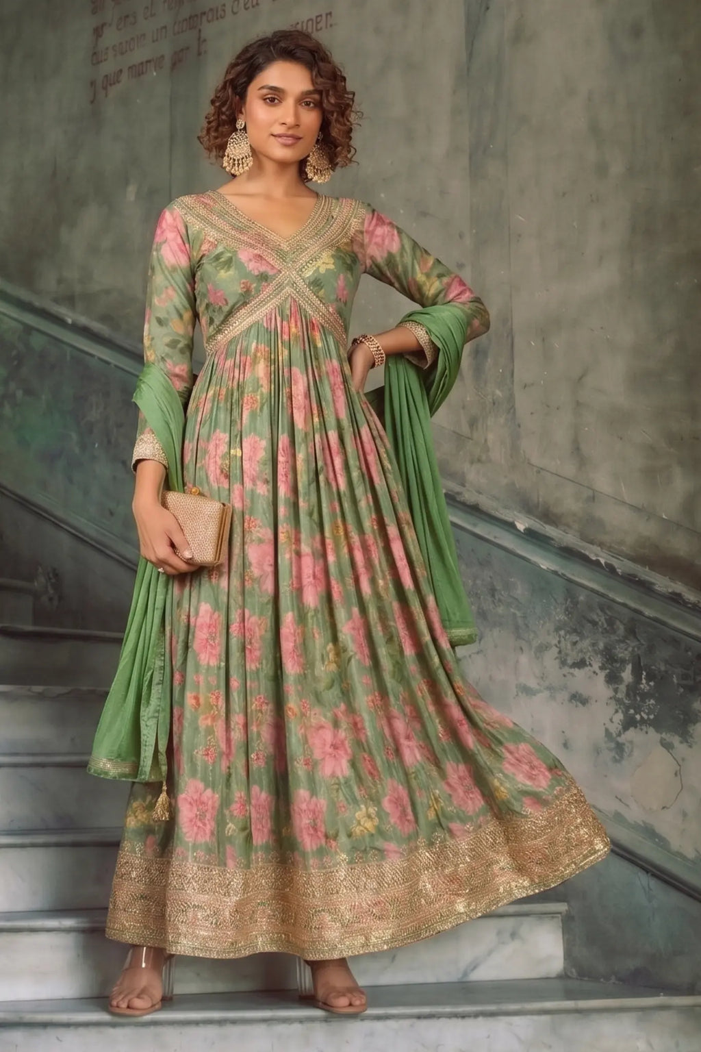 Sage Green Floral Embroidered Real Chinon Silk Anarkali Suit Set - View 4