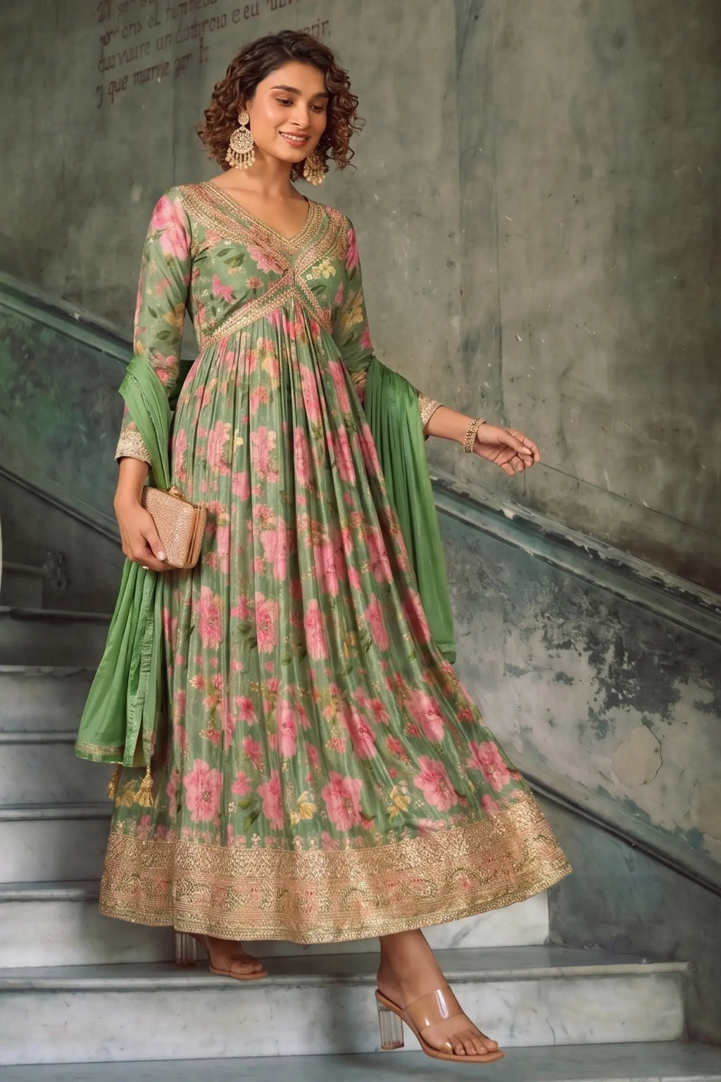 Sage Green Floral Embroidered Real Chinon Silk Anarkali Suit Set - View 1