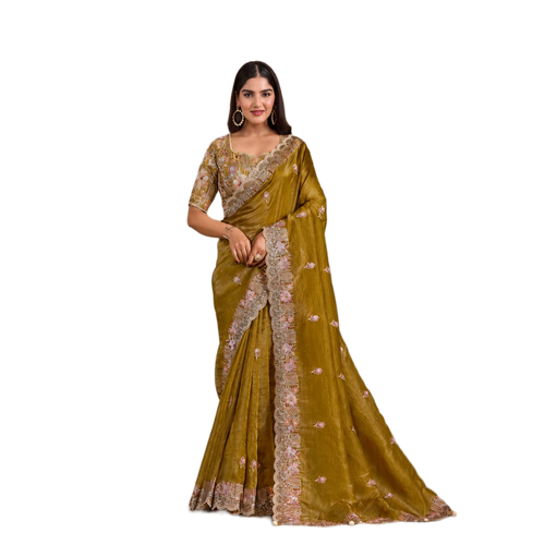Antique Olive Gold Crush Paper Silk Designer Saree with Multi Sequence, Handwork, Pearl & Thread